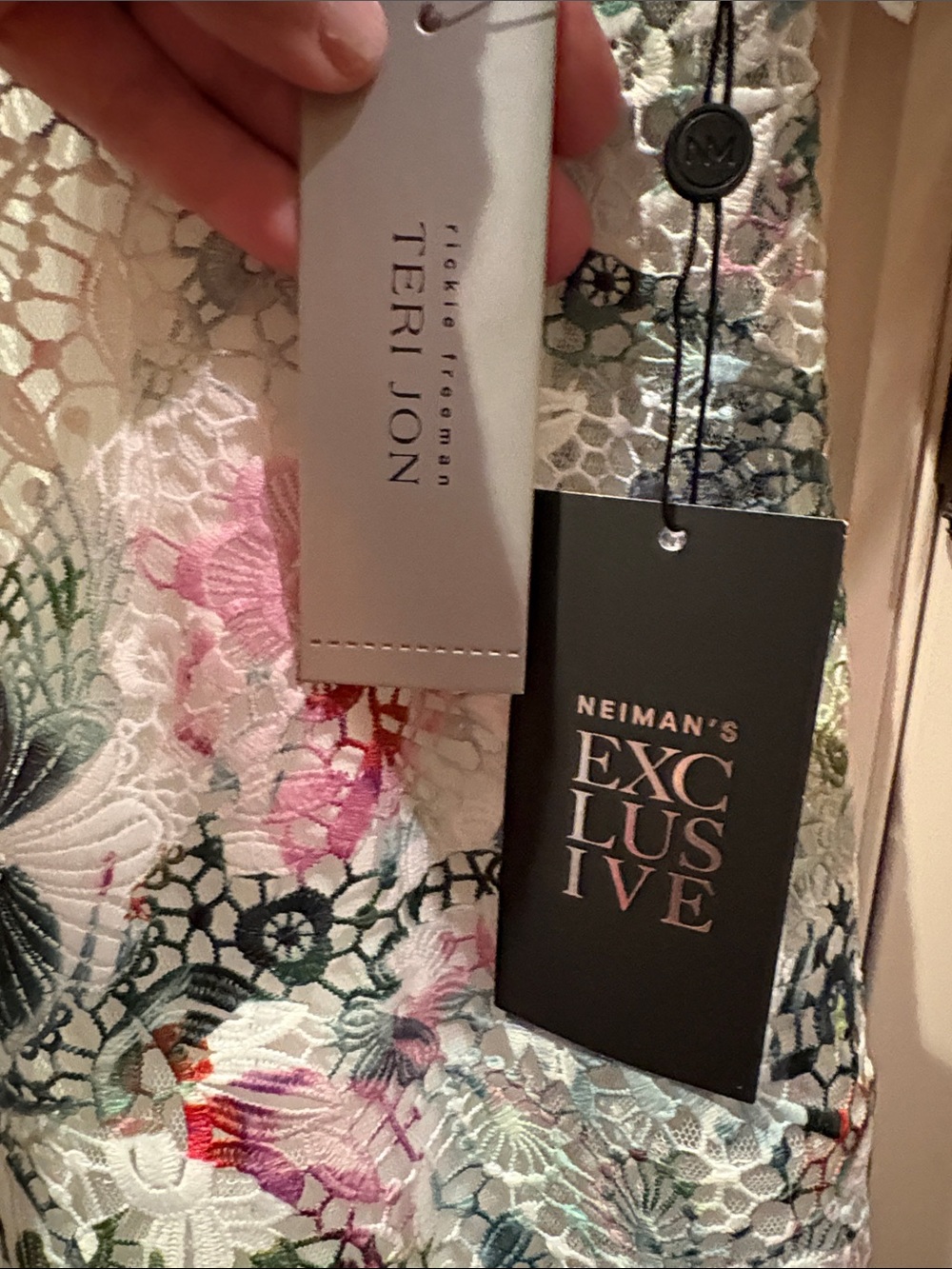 Rickie Freeman for Teri Jon White Lace Midi Dress with Pastel Floral Accents - Picture 2 of 5
